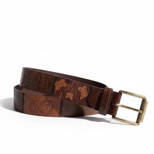 Amanda Smith Vintage Ladies Leather Patchwork Tooled Etched Belt M 29”-33” Brass